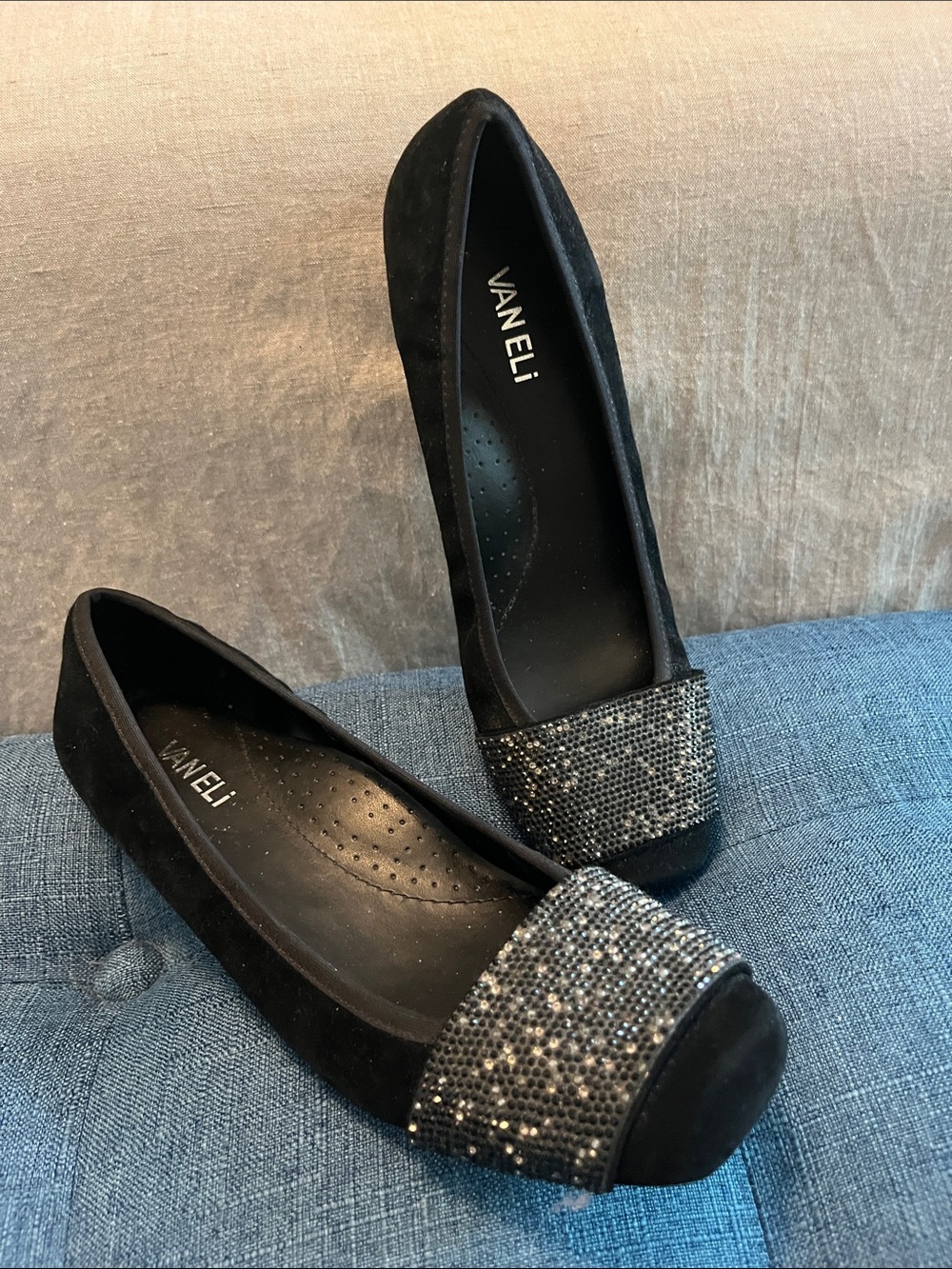 VANELi Black Suede Ballet Flats with Sparkling Embellished Cap